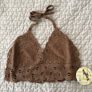Hayden Los Angeles (Anthropologie) Mocha Brown Crochet Halter Top, One Size